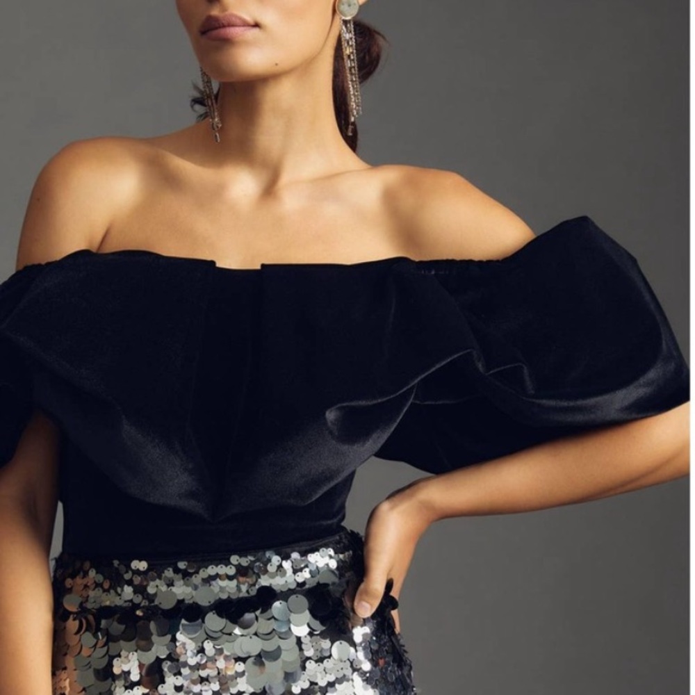 Anthropologie Hutch Black Crushed Velvet Off the Shoulder Corset Crop Top